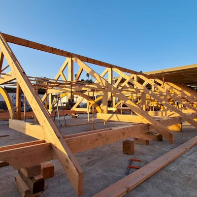 Cardinal's Nest Pavilion Under Construction (Options: 80' L x 34' W, California Redwood, Transparent Premium Sealant).