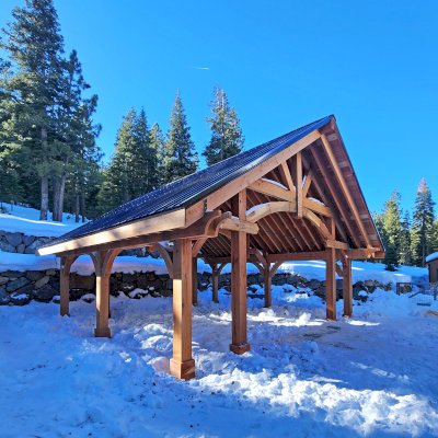 Cardinal's Nest Pavilion (Options: 30' L x 30' W, California Redwood, No Ceiling Fan Base, 11' H Posts, No Post Decorative Trims, Post Anchor Kit for High-Wind, Transparent Premium Sealant). Photo Courtesy of J. & J. Wobrock of Truckee, CA.