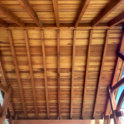 Cardinal's Nest Pavilion (Options: 18' L x 30' W, California Redwood, No Ceiling Fan Base, 9' H Posts, No Post Decorative Trims, Post Anchor Kit for High-Wind, Transparent Premium Sealant). Photo Courtesy of M. Giovannetti of Redding, CA.