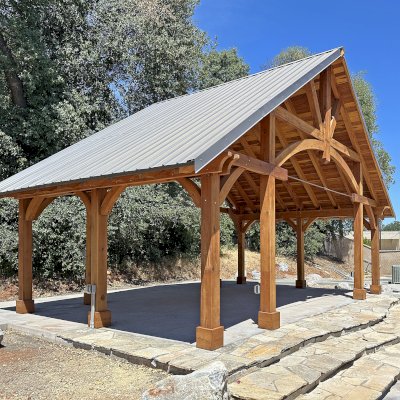 Cardinal's Nest Pavilion (Options: 18' L x 30' W, California Redwood, No Ceiling Fan Base, 9' H Posts, No Post Decorative Trims, Post Anchor Kit for High-Wind, Transparent Premium Sealant). Photo Courtesy of M. Giovannetti of Redding, CA.