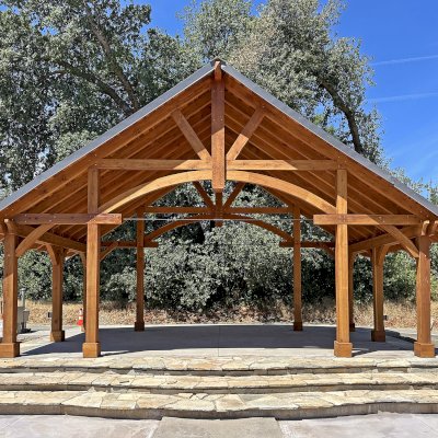 Cardinal's Nest Pavilion (Options: 18' L x 30' W, California Redwood, No Ceiling Fan Base, 9' H Posts, No Post Decorative Trims, Post Anchor Kit for High-Wind, Transparent Premium Sealant). Photo Courtesy of M. Giovannetti of Redding, CA.