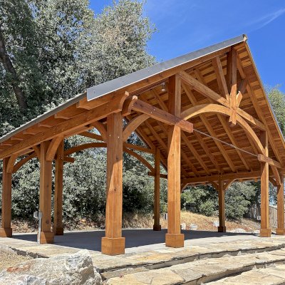 Cardinal's Nest Pavilion (Options: 18' L x 30' W, California Redwood, No Ceiling Fan Base, 9' H Posts, No Post Decorative Trims, Post Anchor Kit for High-Wind, Transparent Premium Sealant). Photo Courtesy of M. Giovannetti of Redding, CA.