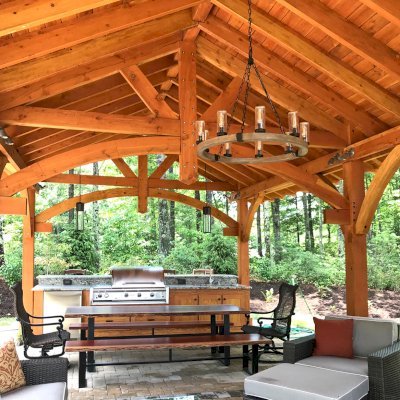 Custom Cardinal's Nest Pavilion (Options: 30' L x 18' W, Douglas-fir, 2 Ceiling Fan Bases, 8-Post Anchor Kit for High-Wind, Transparent Premium Sealant). Photo Courtesy of B. Lapidus of Boone, North Carolina.