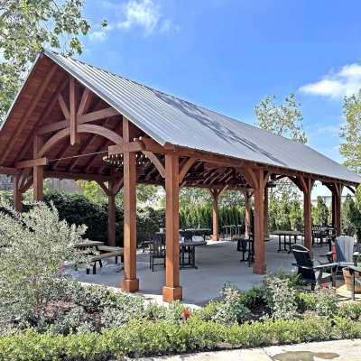 Custom Cardinal's Nest Pavilion (Options: 50' L x 24' W, Douglas-fir, 2 Ceiling Fan Bases, Post Anchor Kit for High-Wind, Electrical Wiring Trim Kit for 6 Posts, Coffee Stain Premium Sealant). Photo Courtesy of M. Pannek of Lake Forest, CA.
