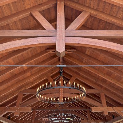Custom Cardinal's Nest Pavilion (Options: 50' L x 24' W, Douglas-fir, 2 Ceiling Fan Bases, Post Anchor Kit for High-Wind, Electrical Wiring Trim Kit for 6 Posts, Coffee Stain Premium Sealant). Photo Courtesy of M. Pannek of Lake Forest, CA.