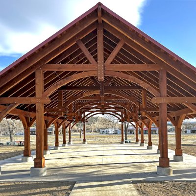 Cardinal's Nest Pavilion (Options: 60' L x 34' W, California Redwood, No Ceiling Fan Base, 9' H Posts, No Post Decorative Trims, Post Anchor Kit for High-Wind, Transparent Premium Sealant). Photo Courtesy of S. Jeffrey of Cimarron, NM.