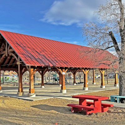 Cardinal's Nest Pavilion (Options: 60' L x 34' W, California Redwood, No Ceiling Fan Base, 9' H Posts, No Post Decorative Trims, Post Anchor Kit for High-Wind, Transparent Premium Sealant). Photo Courtesy of S. Jeffrey of Cimarron, NM.