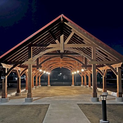 Cardinal's Nest Pavilion (Options: 60' L x 34' W, California Redwood, No Ceiling Fan Base, 9' H Posts, No Post Decorative Trims, Post Anchor Kit for High-Wind, Transparent Premium Sealant). Photo Courtesy of S. Jeffrey of Cimarron, NM.