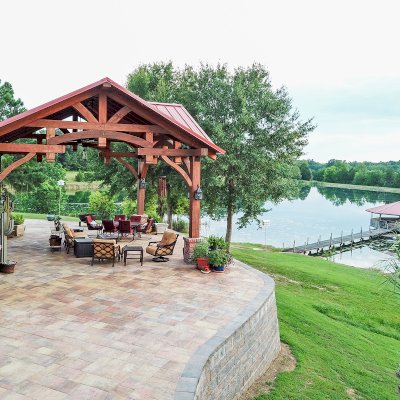 Custom Cardinal's Nest Pavilion (Options: 28 ft x 26 ft, Douglas-fir, Posts Anchor Kit for High-Wind, Coffee-Stain Premium Sealant). Note: Custom dormer added by customer request. Photo Courtesy of T. Wilsford of Montgomery, Alabama.