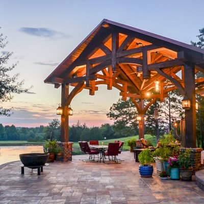 Custom Cardinal's Nest Pavilion (Options: 28 ft x 26 ft, Douglas-fir, Posts Anchor Kit for High-Wind, Coffee-Stain Premium Sealant). Note: Custom dormer added by customer request. Photo Courtesy of T. Wilsford of Montgomery, Alabama.