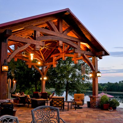 Custom Cardinal's Nest Pavilion (Options: 28 ft x 26 ft, Douglas-fir, Posts Anchor Kit for High-Wind, Coffee-Stain Premium Sealant). Note: Custom dormer added by customer request. Photo Courtesy of T. Wilsford of Montgomery, Alabama.