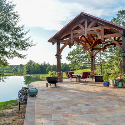 Custom Cardinal's Nest Pavilion (Options: 28 ft x 26 ft, Douglas-fir, Posts Anchor Kit for High-Wind, Coffee-Stain Premium Sealant). Note: Custom dormer added by customer request. Photo Courtesy of T. Wilsford of Montgomery, Alabama.