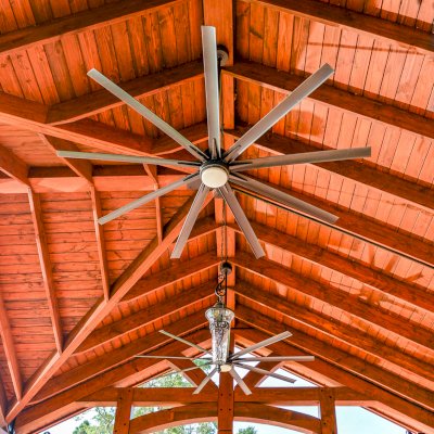 Custom Cardinal's Nest Pavilion (Options: 28 ft x 26 ft, Douglas-fir, Posts Anchor Kit for High-Wind, Coffee-Stain Premium Sealant). Note: Custom dormer added by customer request. Photo Courtesy of T. Wilsford of Montgomery, Alabama.