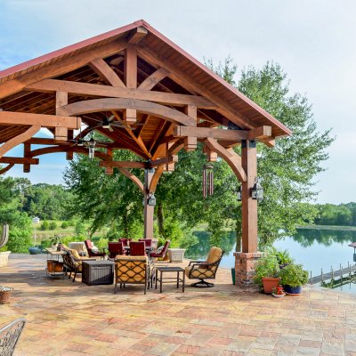 Custom Cardinal's Nest Pavilion (Options: 28 ft x 26 ft, Douglas-fir, Posts Anchor Kit for High-Wind, Coffee-Stain Premium Sealant). Note: Custom dormer added by customer request. Photo Courtesy of T. Wilsford of Montgomery, Alabama.