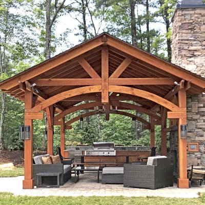 Custom Cardinal's Nest Pavilion (Options: 30' L x 18' W, Douglas-fir, 2 Ceiling Fan Bases, 8-Post Anchor Kit for High-Wind, Transparent Premium Sealant). Photo Courtesy of B. Lapidus of Boone, North Carolina.