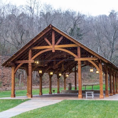 Cardinal's Nest Pavilions (Options: 60’ L x 34’ W, California Redwood, 16-Post Anchor Kit for High Wind, Electrical Wiring Trim Kit for 6 Posts, and 6 Cutouts for Outlets, 2 Ceiling Fan Bases and at least 4 cutouts for Electrical Boxes, Transparent Premium Sealant), Photo Courtesy of S. Hilton of Sevierville, TN.