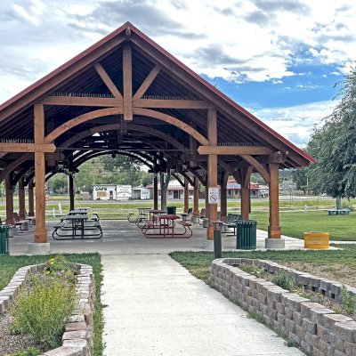 Cardinal's Nest Pavilion (Options: 60' L x 34' W, California Redwood, No Ceiling Fan Base, 9' H Posts, No Post Decorative Trims, Post Anchor Kit for High-Wind, Transparent Premium Sealant). Photo Courtesy of S. Jeffrey of Cimarron, NM.