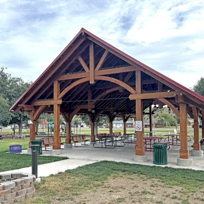 Cardinal's Nest Pavilion (Options: 60' L x 34' W, California Redwood, No Ceiling Fan Base, 9' H Posts, No Post Decorative Trims, Post Anchor Kit for High-Wind, Transparent Premium Sealant). Photo Courtesy of S. Jeffrey of Cimarron, NM.