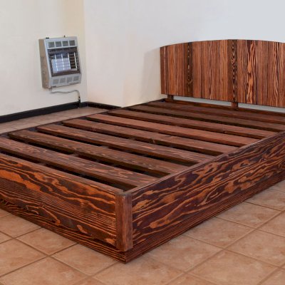 Chest Beds (Options: Queen Size, Douglas-fir, Halfmoon Headboard, 1 Set of Drawers on West Side of Bed, Coffee-Stain Premium Sealant). 