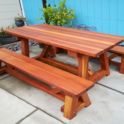 Classic Redwood Patio Table (Options: 6' L x 34 1/2" W, California Redwood, Side Benches, 1 Full Length Bench Per Side, Standard Tabletop, Rounded Corners, No Umbrella Hole, Transparent Premium Sealant). Photo Courtesy of J. Travesi of San Francisco, CA.