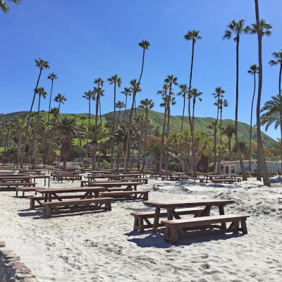Classic Redwood Patio Table (Options: California Redwood, Side Benches, 1 Full Length Bench Per Side, Standard Tabletop, Slightly Rounded Corners, No Umbrella Hole, Coffee Stain Premium Sealant). Photo Shows Customized Version of Patio Tables. Tables Installed in Catalina Island, CA.