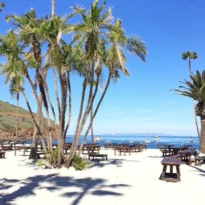 Classic Redwood Patio Table (Options: California Redwood, Side Benches, 1 Full Length Bench Per Side, Standard Tabletop, Slightly Rounded Corners, No Umbrella Hole, Coffee Stain Premium Sealant). Photo Shows Customized Version of Patio Tables. Tables Installed in Catalina Island, CA.