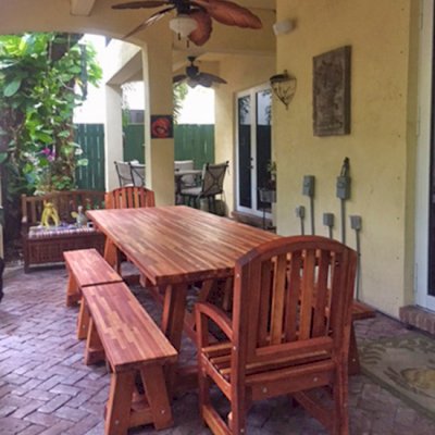 Classic Redwood Patio Table (Options: Mosaic Redwood, Benches & End Armchairs, Luna Chairs, 2 Half Length Benches Per Side, Seamless Tabletop, Slightly Rounded Corners, No Umbrella Hole, Transparent Premium Sealant).