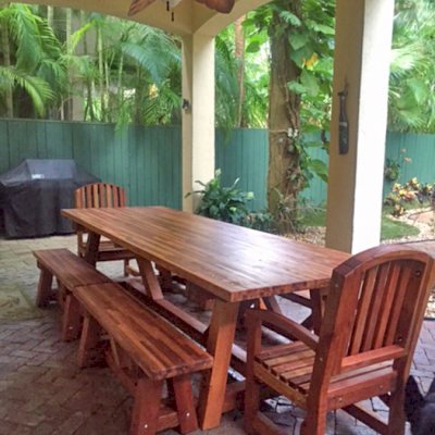 Classic Redwood Patio Table (Options: Mosaic Redwood, Benches & End Armchairs, Luna Chairs, 2 Half Length Benches Per Side, Seamless Tabletop, Slightly Rounded Corners, No Umbrella Hole, Transparent Premium Sealant).