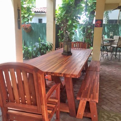Classic Redwood Patio Table (Options: Mosaic Redwood, Benches & End Armchairs, Luna Chairs, 2 Half Length Benches Per Side, Seamless Tabletop, Slightly Rounded Corners, No Umbrella Hole, Transparent Premium Sealant).