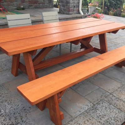 Classic Redwood Patio Tables (Options: 8' L, 34 ½" W, Side Bench, Mature Redwood, 1 Full Length Side Bench on One Side, Custom Tabletop [3-Plank Bookmatch Top], Slightly Rounded Corners, No Umbrella Hole, Transparent Premium Sealant). Photo Courtesy of J. Gannon of Broomfield, CO