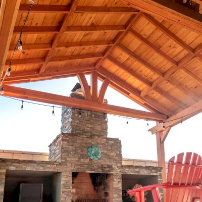 Del Norte Porch Pavilion (Options: 12' L x 16' W, Douglas-fir, 2-Post Anchor Kit for Concrete, No Ceiling Fan Base, Straight Internal Truss Supports by Custom Request, No Electrical Wiring Trim Kit, No Post Decorative Trims, Transparent Premium Sealant). Photo Courtesy of J. Clark of San Diego, CA.