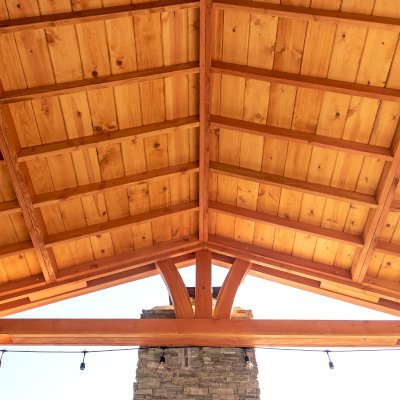 Del Norte Porch Pavilion (Options: 12' L x 16' W, Douglas-fir, 2-Post Anchor Kit for Concrete, No Ceiling Fan Base, No Electrical Wiring Trim Kit, No Post Decorative Trims, Transparent Premium Sealant). Photo Courtesy of J. Clark of San Diego, CA.