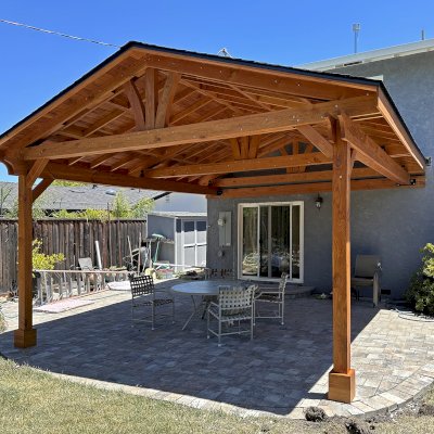 Del Norte Porch Pavilion (Options: 20' L x 18' W, Douglas-Fir, 2-Post Anchor Kit for High-Wind, No Ceiling Fan Base, No Electrical Wiring Trim Kit, No Post Decorative Trim, Transparent Premium Sealant). Photo Courtesy of M. Galligan of Los Gatos, CA.