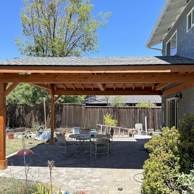 Del Norte Porch Pavilion (Options: 20' L x 18' W, Douglas-Fir, 2-Post Anchor Kit for High-Wind, No Ceiling Fan Base, No Electrical Wiring Trim Kit, No Post Decorative Trim, Transparent Premium Sealant). Photo Courtesy of M. Galligan of Los Gatos, CA.
