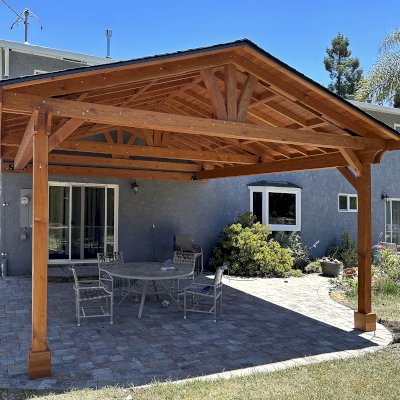 Del Norte Porch Pavilion (Options: 20' L x 18' W, Douglas-Fir, 2-Post Anchor Kit for High-Wind, No Ceiling Fan Base, No Electrical Wiring Trim Kit, No Post Decorative Trim, Transparent Premium Sealant). Photo Courtesy of M. Galligan of Los Gatos, CA.