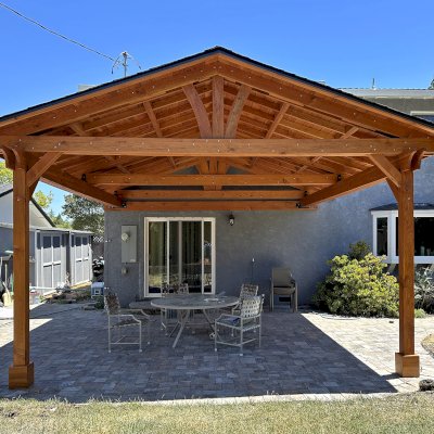 Del Norte Porch Pavilion (Options: 20' L x 18' W, Douglas-Fir, 2-Post Anchor Kit for High-Wind, No Ceiling Fan Base, No Electrical Wiring Trim Kit, No Post Decorative Trim, Transparent Premium Sealant). Photo Courtesy of M. Galligan of Los Gatos, CA.