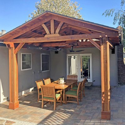 Del Norte Porch Pavilion (Options: 14' L x 16' W, California Redwood, 2-Post Anchor Kit for High-Wind, 1 Ceiling Fan Base, 1 Electrical Wiring Trim Kit, Vertical Post Decorative Trims, Transparent Premium Sealant).