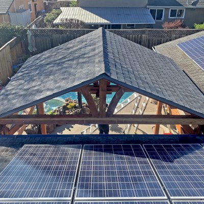 Custom Del Norte Porch Pavilion (Options: 14' L x 16' W, California Redwood, 2-Post Anchor Kit for Concrete, 10.5' H Posts, 1 Ceiling Fan Base, No Electrical Wiring Trim Kit, No Post Decorative Trims, Transparent Premium Sealant). Photo Courtesy of R. Dakin of Vacaville, CA.