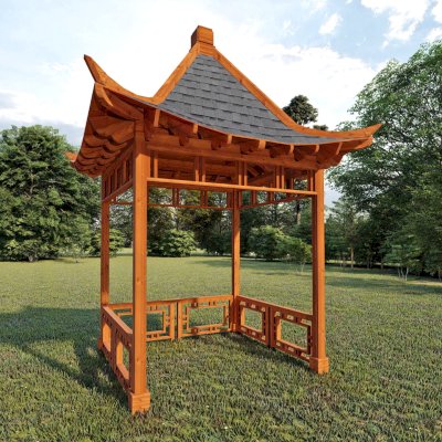 Dragon Pavilion (Conceptual drawing shows 10' x 10' post spacing and roofing size at 13' 6' x 13' 6").
