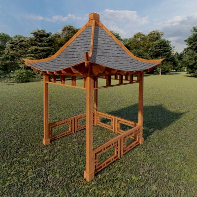 Dragon Pavilion (Conceptual drawing shows 10' x 10' post spacing and roofing size at 13' 6' x 13' 6").