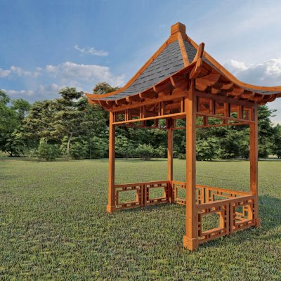 Dragon Pavilion (Conceptual drawing shows 10' x 10' post spacing and roofing size at 13' 6' x 13' 6").