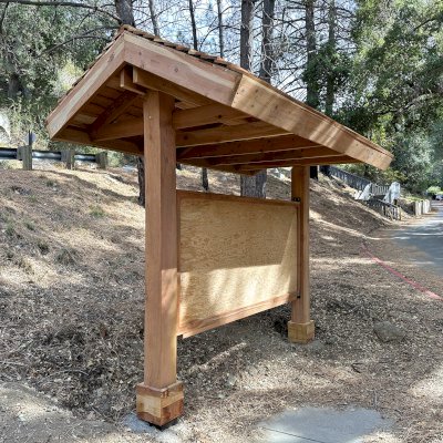 Emerald Necklace Trail Kiosk (Options: 8' x 4', 8x8 Posts, California Redwood, Transparent Premium Sealant). Address: 701 Angeles Crest Hwy, Tujunga, CA 91042. Photo Taken 2 Years After Installation.