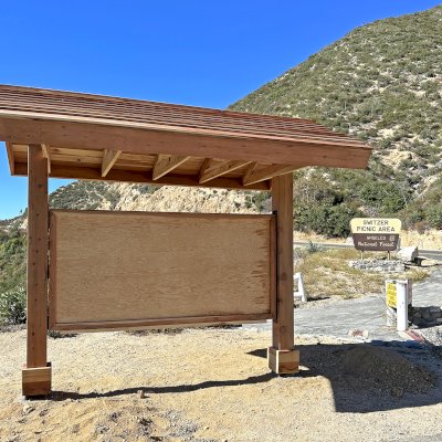 Emerald Necklace Trail Kiosk (Options: 8' x 4', 8x8 Posts, California Redwood, Transparent Premium Sealant). Address: 701 Angeles Crest Hwy, Tujunga, CA 91042. Photo Taken 2 Years After Installation.