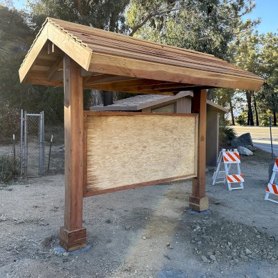 Emerald Necklace Trail Kiosk (Options: 8' x 4', 8x8 Posts, California Redwood, Transparent Premium Sealant). Address: 701 Angeles Crest Hwy, Tujunga, CA 91042. Photo Taken 2 Years After Installation.
