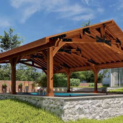 Esther Scissor Truss Pavilion (Options: 40’ L x 30’ W). Image shown is a scaled rendering.