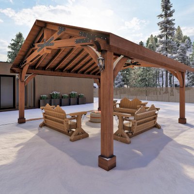 Esther Scissor Truss Pavilion (Options: 20’ L x 20’ W). Image shown is a scaled rendering.