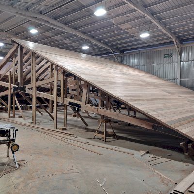 Esther Scissor Truss Pavilion in Production. (Options: 33' L x 63' W).