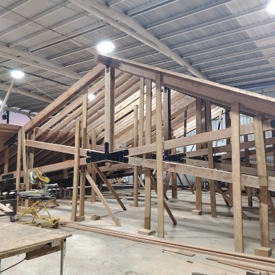 Esther Scissor Truss Pavilion in Production. (Options: 33' L x 63' W).