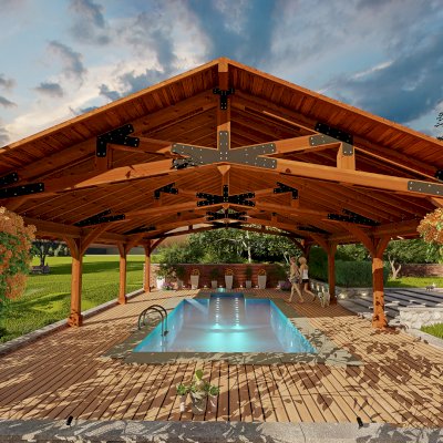 Esther Scissor Truss Pavilion (Options: 40’ L x 30’ W). Image shown is a scaled rendering.