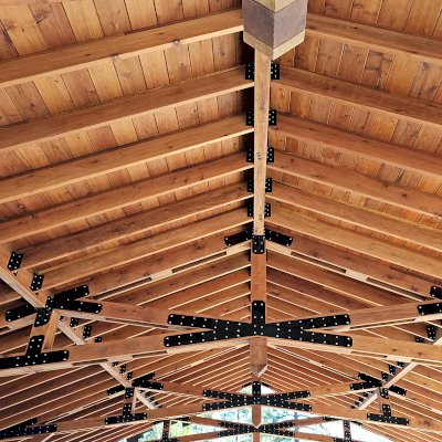 Esther Scissor Truss Pavilion (Options: 45’ L x 35’ W, California Redwood, Standard 3/4" T&G Roof Boards, 10' H Posts, with 3 Ceiling Fan Bases, 8 High-Wind Post Anchors, Transparent Premium Sealant). Photo Courtesy of F. Parini of Myrtle Beach, South Carolina.